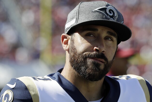 Los Angeles Rams free safety Eric Weddle (32) looks on from the sideline during the first half of an NFL football game against the San Francisco 49ers Sunday, Oct. 13, 2019, in Los Angeles. (AP Photo/Alex Gallardo )
