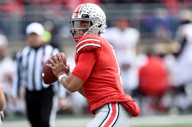 COLUMBUS, OH - NOVEMBER 09:  Justin Fields #1 of the Ohio State Buckeyes drops back to pass against the Maryland Terrapins at Ohio Stadium on November 9, 2019 in Columbus, Ohio.  (Photo by G Fiume/Maryland Terrapins/Getty Images)