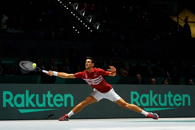 MADRID, SPAIN - NOVEMBER 20: Novak Djokovic of Serbia in action during his match against Yoshihito Nishioka of Japan during Day Three of the 2019 Davis Cup at La Caja Magica on November 20, 2019 in Madrid, Spain. (Photo by David Aliaga/MB Media/Getty Images)