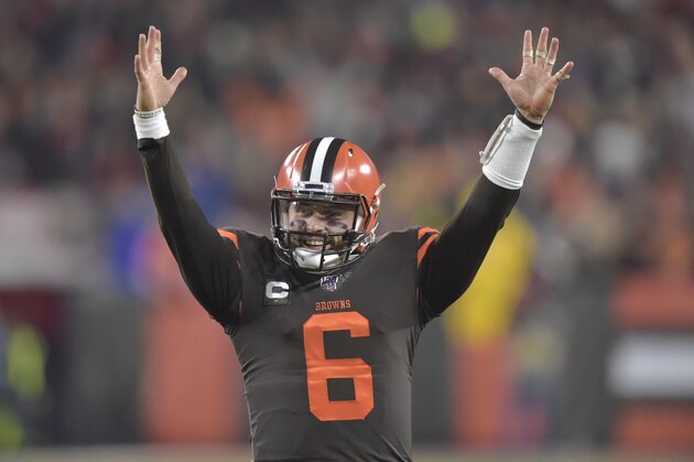 Cleveland Browns quarterback Baker Mayfield celebrates after throwing a touchdown pass in the second quarter of an NFL football game against the Pittsburgh Steelers, Thursday, Nov. 14, 2019, in Cleveland. The Browns won 21-7. (AP Photo/David Richard)
