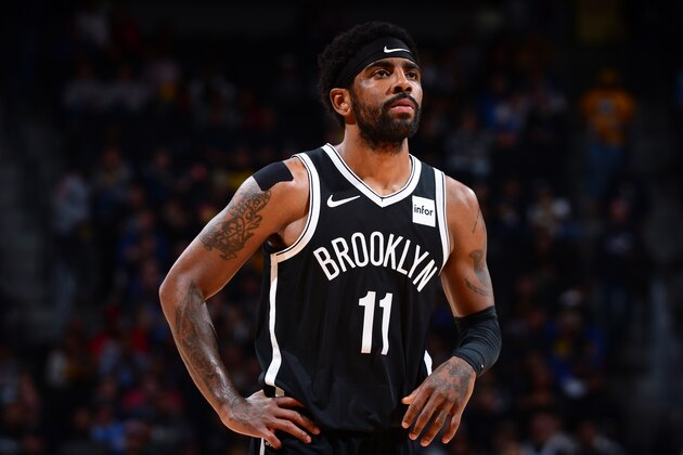 DENVER, CO - NOVEMBER 14: Kyrie Irving #11 of the Brooklyn Nets looks on during the game against the Denver Nuggets on November 14, 2019 at the Pepsi Center in Denver, Colorado. NOTE TO USER: User expressly acknowledges and agrees that, by downloading and/or using this Photograph, user is consenting to the terms and conditions of the Getty Images License Agreement. Mandatory Copyright Notice: Copyright 2019 NBAE (Photo by Bart Young/NBAE via Getty Images)