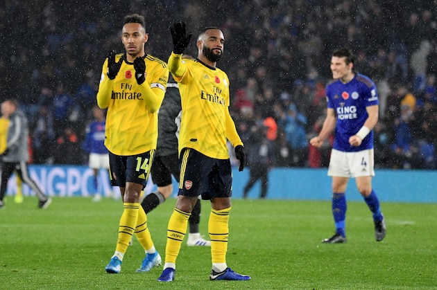 LEICESTER, ENGLAND - NOVEMBER 09: Pierre-Emerick Aubameyang and Alexandre Lacazette of Arsenal  after the Premier League match between Leicester City and Arsenal FC at The King Power Stadium on November 09, 2019 in Leicester, United Kingdom. (Photo by Ross Kinnaird/Getty Images)