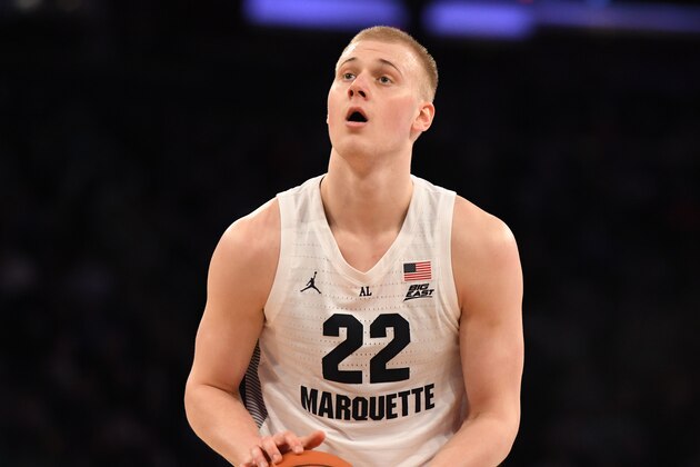 NEW YORK, NY - MARCH 14:  Joey Hauser #22 of the Marquette Golden Eagles takes a foul shot during the Big East Conference basketball Quarterfinal game against the St. John's Red Storm at Madison Square Garden March 14, 2019 in New York City.  (Photo by Mitchell Layton/Getty Images)