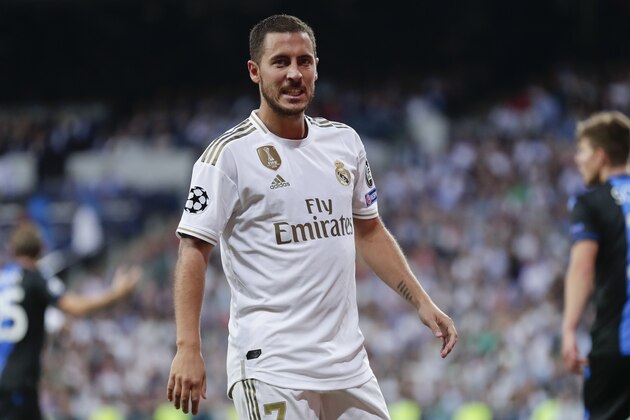 Real Madrid's Eden Hazard reacts after missing a scoring chance during the Champions League group A soccer match between Real Madrid and Club Brugge, at the Santiago Bernabeu stadium in Madrid, Tuesday, Oct.1, 2019. (AP Photo/Manu Fernandez)