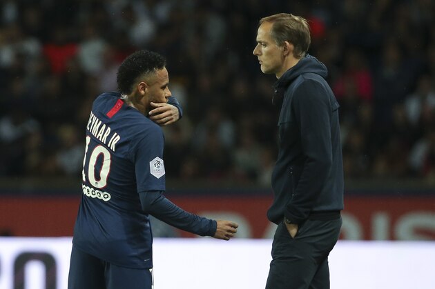 PARIS, FRANCE - SEPTEMBER 25: Neymar Jr of PSG, coach of PSG Thomas Tuchel during the Ligue 1 match between Paris Saint-Germain (PSG) and Stade de Reims at Parc des Princes stadium on September 25, 2019 in Paris, France. (Photo by Jean Catuffe/Getty Images)