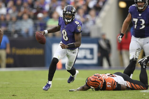 Baltimore Ravens quarterback Lamar Jackson (8) runs with the ball during the second half of a NFL football game against the Cincinnati Bengals, Sunday, Oct. 13, 2019, in Baltimore. (AP Photo/Nick Wass)