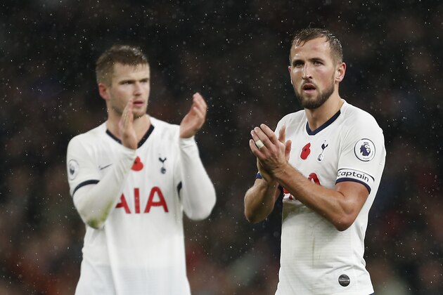 Tottenham Hotspur's English defender Eric Dier (L) and Tottenham Hotspur's English striker Harry Kane react at the final whistle during the English Premier League football match between Tottenham Hotspur and Sheffield United at Tottenham Hotspur Stadium in London, on November 9, 2019. (Photo by Ian KINGTON / AFP) / RESTRICTED TO EDITORIAL USE. No use with unauthorized audio, video, data, fixture lists, club/league logos or 'live' services. Online in-match use limited to 120 images. An additional 40 images may be used in extra time. No video emulation. Social media in-match use limited to 120 images. An additional 40 images may be used in extra time. No use in betting publications, games or single club/league/player publications. /  (Photo by IAN KINGTON/AFP via Getty Images)