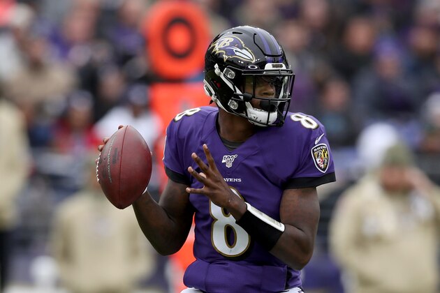 BALTIMORE, MARYLAND - NOVEMBER 17: Lamar Jackson #8 of the Baltimore Ravens throws a second half pass against the Houston Texans at M&T Bank Stadium on November 17, 2019 in Baltimore, Maryland. (Photo by Rob Carr/Getty Images)