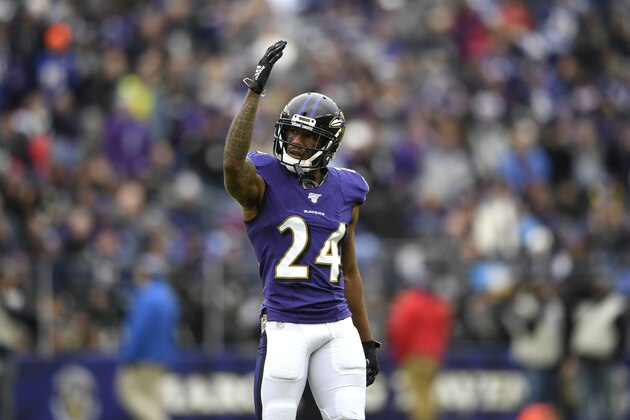 Baltimore Ravens cornerback Marcus Peters gestures during the first half of an NFL football game against the Houston Texans, Sunday, Nov. 17, 2019, in Baltimore. (AP Photo/Nick Wass)