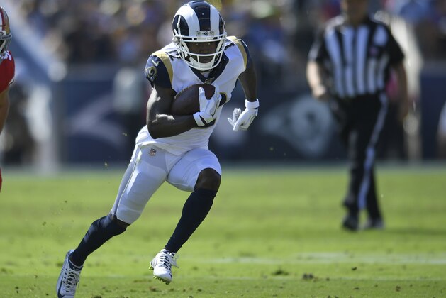 LOS ANGELES, CA - OCTOBER 13: Brandin Cooks #12 of the Los Angeles Rams runs the ball against the San Francisco 49ers at Los Angeles Memorial Coliseum on October 13, 2019 in Los Angeles, California. San Francisco won 20-7. (Photo by John McCoy/Getty Images)
