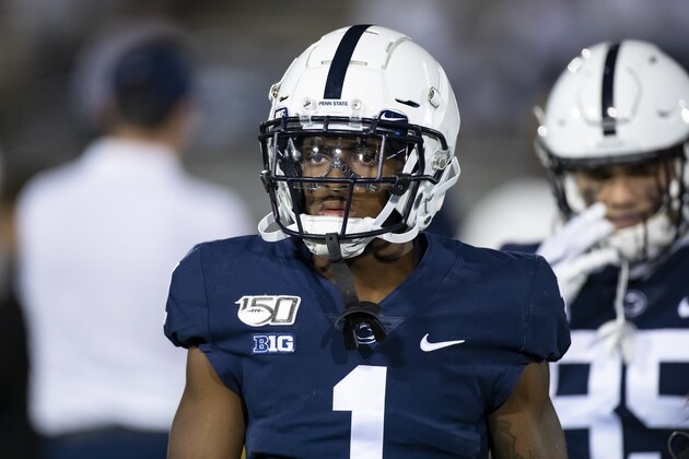 UNIVERSITY PARK, PA - OCTOBER 19:  KJ Hamler #1 of the Penn State Nittany Lions warms up before the game against the Michigan Wolverines on October 19, 2019 at Beaver Stadium in University Park, Pennsylvania. Penn State defeats Michigan 28-21.  (Photo by Brett Carlsen/Getty Images)