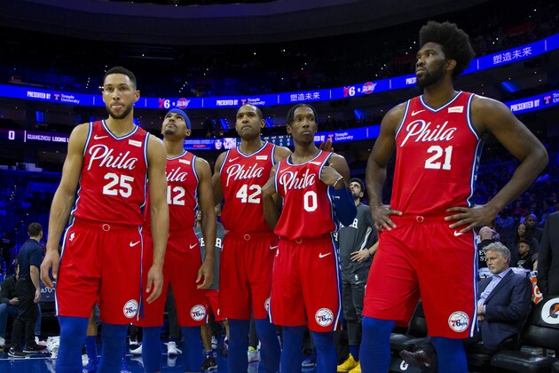PHILADELPHIA, PA - OCTOBER 08: Ben Simmons #25, Tobias Harris #12, Al Horford #42, Josh Richardson #0, and Joel Embiid #21 of the Philadelphia 76ers look on prior to the start of the preseason game against the Guangzhou Long Lions at the Wells Fargo Center on October 8, 2019 in Philadelphia, Pennsylvania. NOTE TO USER: User expressly acknowledges and agrees that, by downloading and or using this photograph, User is consenting to the terms and conditions of the Getty Images License Agreement. (Photo by Mitchell Leff/Getty Images)