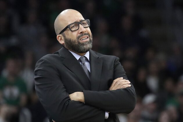New York Knicks coach David Fizdale reacts from the bench during the first quarter of the team's NBA basketball game against the Boston Celtics, Friday, Nov. 1, 2019, in Boston. (AP Photo/Elise Amendola)