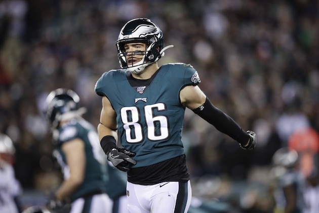 Philadelphia Eagles tight end Zach Ertz in action during an NFL football game against the New England Patriots, Sunday, Nov. 17, 2019, in Philadelphia.(AP Photo/Matt Rourke)
