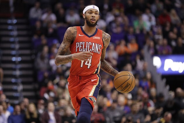 New Orleans Pelicans forward Brandon Ingram brings the ball up during the first half of an NBA basketball game against the Phoenix Suns, Thursday, Nov. 21, 2019, in Phoenix. (AP Photo/Matt York)