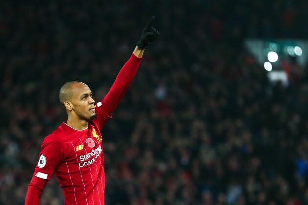 LIVERPOOL, ENGLAND - NOVEMBER 10: Fabinho of Liverpool celebrates after scoring a goal to make it 1-0 during the Premier League match between Liverpool FC and Manchester City at Anfield on November 10, 2019 in Liverpool, United Kingdom. (Photo by Robbie Jay Barratt - AMA/Getty Images)