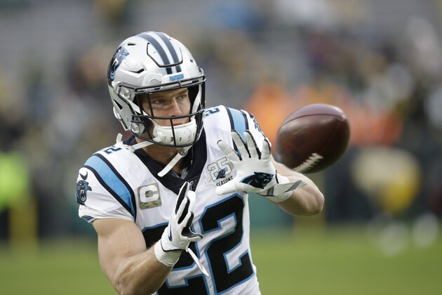 Carolina Panthers' Christian McCaffrey warms up before an NFL football game against the Green Bay Packers Sunday, Nov. 10, 2019, in Green Bay, Wis. (AP Photo/Jeffrey Phelps)