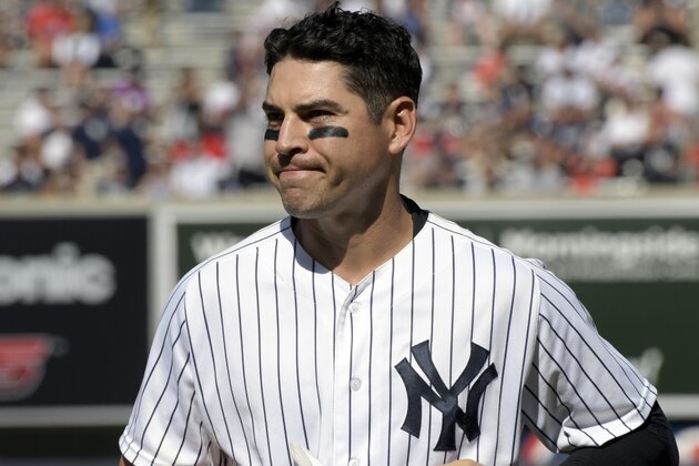 New York Yankees' Jacoby Ellsbury reacts after grounding out to end the sixth inning in the first game of a baseball doubleheader against the Cleveland Indians Wednesday, Aug. 30, 2017, at Yankee Stadium in New York. (AP Photo/Bill Kostroun)