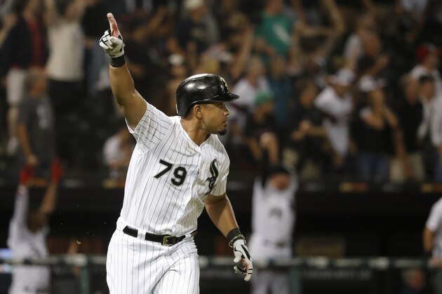 Chicago White Sox's Jose Abreu celebrates his three-run walk-off home run during the 12th inning of a baseball game against the Detroit Tigers Wednesday, July 3, 2019, in Chicago. The White Sox won 9-6. (AP Photo/Charles Rex Arbogast)