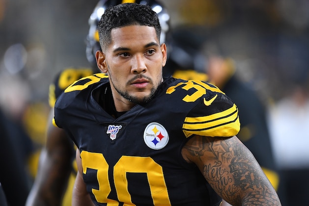PITTSBURGH, PA - OCTOBER 28:  James Conner #30 of the Pittsburgh Steelers looks on during the game against the Miami Dolphins at Heinz Field on October 28, 2019 in Pittsburgh, Pennsylvania. (Photo by Joe Sargent/Getty Images)