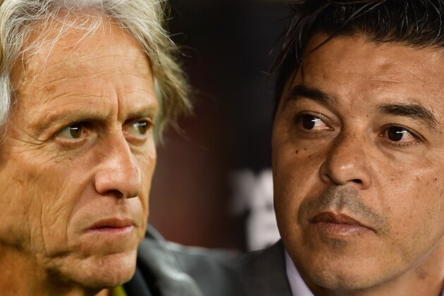 FILE PHOTO (EDITORS NOTE: COMPOSITE OF IMAGES - Image numbers 1160825745,1179353482 - GRADIENT ADDED) In this composite image a comparison has been made between Head coach Jorge Jesus of Flamengo (L) and Marcelo Gallardo head coach of River Plate. Flamengo and River Plate meet in the Copa CONMEBOL Libertadores 2019 at the Estadio Monumental on November 23,2019 in Lima,Peru.  ***LEFT IMAGE*** RIO DE JANEIRO, BRAZIL - AUGUST 10: Head coach Jorge Jesus of Flamengo in action during a match between Flamengo and Gremio as part of Brasileirao Series A 2019 at Maracana Stadium on August 10, 2019 in Rio de Janeiro, Brazil. (Photo by Bruna Prado/Getty Images) ***RIGHT IMAGE*** BUENOS AIRES, ARGENTINA - MARCH 02: Marcelo Gallardo head coach of River Plate looks on during a match between River Plate and Newell's Old Boys as part of Superliga 2018/19 at Estadio Monumental Antonio Vespucio Liberti on March 2, 2019 in Buenos Aires, Argentina. (Photo by Amilcar Orfali/Getty Images)