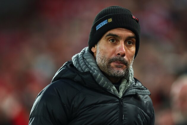 LIVERPOOL, ENGLAND - NOVEMBER 10: Pep Guardiola the head coach / manager of Manchester City uring the Premier League match between Liverpool FC and Manchester City at Anfield on November 10, 2019 in Liverpool, United Kingdom. (Photo by Robbie Jay Barratt - AMA/Getty Images)
