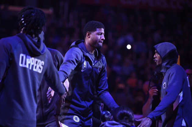 Los Angeles Clippers forward Paul George is introduced prior to an NBA basketball game against the Atlanta Hawks in Los Angeles, Saturday, Nov. 16, 2019. (AP Photo/Kelvin Kuo)