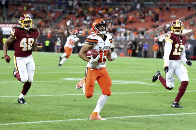 Cleveland Browns wide receiver Damon Sheehy-Guiseppi (15) runs for an 86-yard punt return during the second half of the team's NFL preseason football game against the Washington Redskins, Thursday, Aug. 8, 2019, in Cleveland. (AP Photo/Ron Schwane)