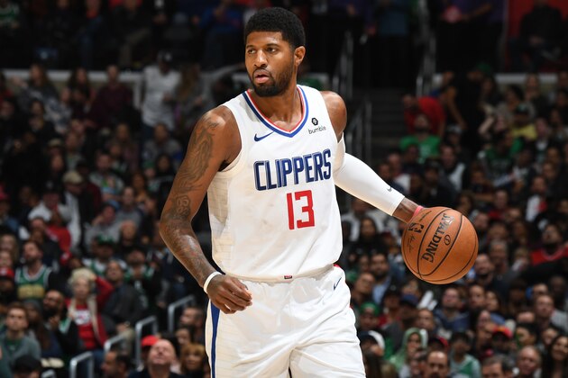 LOS ANGELES, CA - NOVEMBER 20: Paul George #13 of the LA Clippers handles the ball against the Boston Celtics on November 20, 2019 at STAPLES Center in Los Angeles, California. NOTE TO USER: User expressly acknowledges and agrees that, by downloading and/or using this Photograph, user is consenting to the terms and conditions of the Getty Images License Agreement. Mandatory Copyright Notice: Copyright 2019 NBAE (Photo by Andrew D. Bernstein/NBAE via Getty Images)