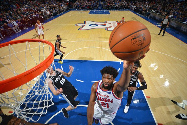 PHILADELPHIA, PA - NOVEMBER 22: Joel Embiid #21 of the Philadelphia 76ers shoots the ball against the San Antonio Spurs on November 22, 2019 at the Wells Fargo Center in Philadelphia, Pennsylvania NOTE TO USER: User expressly acknowledges and agrees that, by downloading and/or using this Photograph, user is consenting to the terms and conditions of the Getty Images License Agreement. Mandatory Copyright Notice: Copyright 2019 NBAE (Photo by Jesse D. Garrabrant/NBAE via Getty Images)