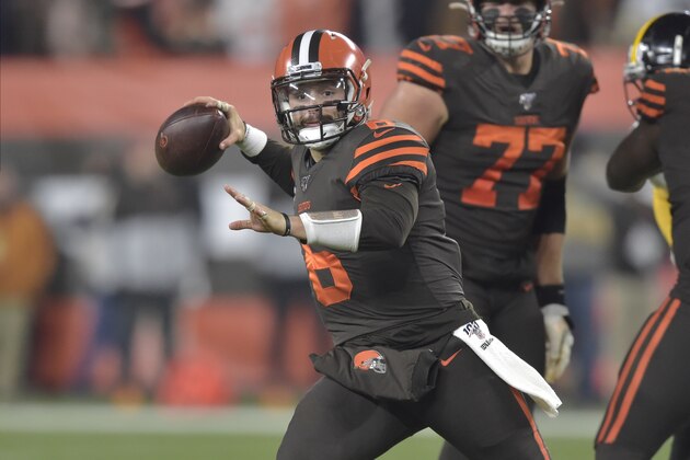 Cleveland Browns quarterback Baker Mayfield (6) throws a pass in the first quarter of an NFL football game against the Pittsburgh Steelers, Thursday, Nov. 14, 2019, in Cleveland. The Browns won 21-7. (AP Photo/David Richard)