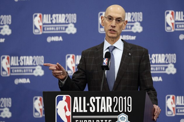FILE - In this Feb. 16, 2019, file photo, NBA Commissioner Adam Silver speaks during the NBA All-Star festivities in Charlotte, N.C. Silver spoke to the media on Friday, April 12, 2019, in New York after a meeting of the NBA's Board of Governors. He mentioned shorter games or a shorter season as ways the NBA could make its future product better for players and fans. (AP Photo/Gerry Broome, File)