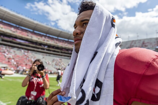 Alabama quarterback Tua Tagovailoa (13) walks off the field after an NCAA college football game against Southern Miss, Saturday, Sept. 21, 2019, in Tuscaloosa, Ala. (AP Photo/Vasha Hunt)