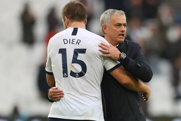 LONDON, ENGLAND - NOVEMBER 23: Jose Mourinho, Manager of Tottenham Hotspur embraces Eric Dier of Tottenham Hotspur after the Premier League match between West Ham United and Tottenham Hotspur at London Stadium on November 23, 2019 in London, United Kingdom. (Photo by Catherine Ivill/Getty Images)