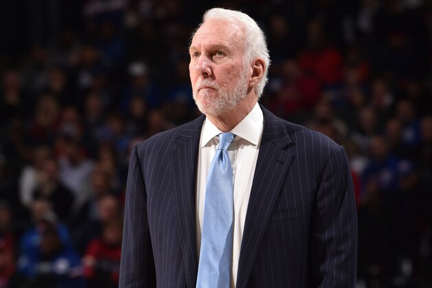 PHILADELPHIA, PA - NOVEMBER 22: Head Coach Gregg Popovich of the San Antonio Spurs looks on during a game against the Philadelphia 76ers on November 22, 2019 at the Wells Fargo Center in Philadelphia, Pennsylvania NOTE TO USER: User expressly acknowledges and agrees that, by downloading and/or using this Photograph, user is consenting to the terms and conditions of the Getty Images License Agreement. Mandatory Copyright Notice: Copyright 2019 NBAE (Photo by David Dow/NBAE via Getty Images)