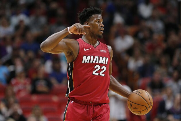 MIAMI, FLORIDA - NOVEMBER 20: Jimmy Butler #22 of the Miami Heat in action against the Cleveland Cavaliers during the second half at American Airlines Arena on November 20, 2019 in Miami, Florida. NOTE TO USER: User expressly acknowledges and agrees that, by downloading and/or using this photograph, user is consenting to the terms and conditions of the Getty Images License Agreement.  (Photo by Michael Reaves/Getty Images)