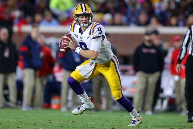 OXFORD, MISSISSIPPI - NOVEMBER 16: Joe Burrow #9 of the LSU Tigers runs with the ball during a game against the Mississippi Rebels at Vaught-Hemingway Stadium on November 16, 2019 in Oxford, Mississippi. (Photo by Jonathan Bachman/Getty Images)