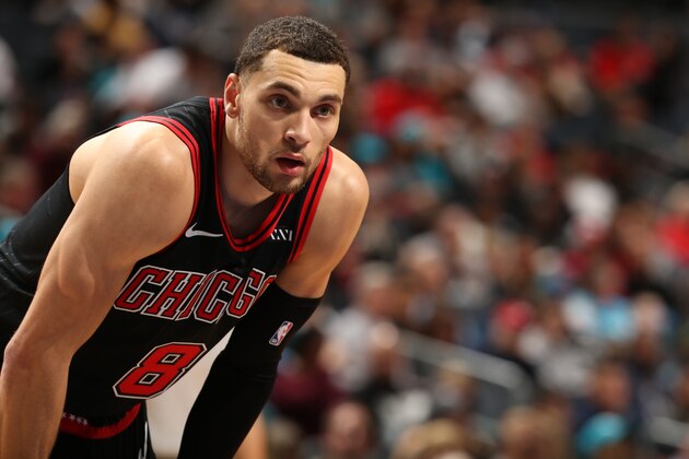 CHARLOTTE, NC - NOVEMBER 23: Zach LaVine #8 of the Chicago Bulls looks on against the Charlotte Hornets on November 23, 2019 at Spectrum Center in Charlotte, North Carolina. NOTE TO USER: User expressly acknowledges and agrees that, by downloading and or using this photograph, User is consenting to the terms and conditions of the Getty Images License Agreement.  Mandatory Copyright Notice:  Copyright 2019 NBAE (Photo by Kent Smith/NBAE via Getty Images)