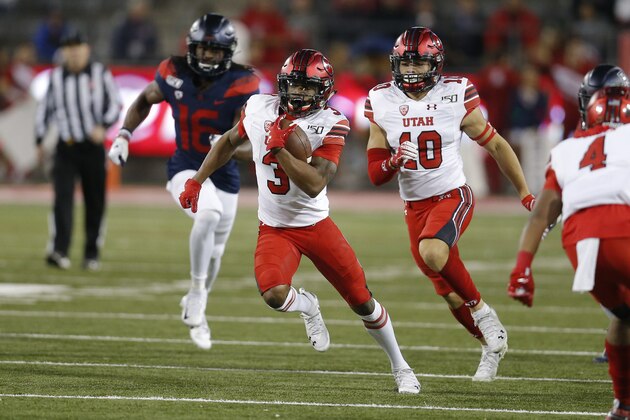 Utah wide receiver Demari Simpkins (3) carries during the second half of the team's NCAA college football game against Arizona on Saturday, Nov. 23, 2019, in Tucson, Ariz. (AP Photo/Rick Scuteri)