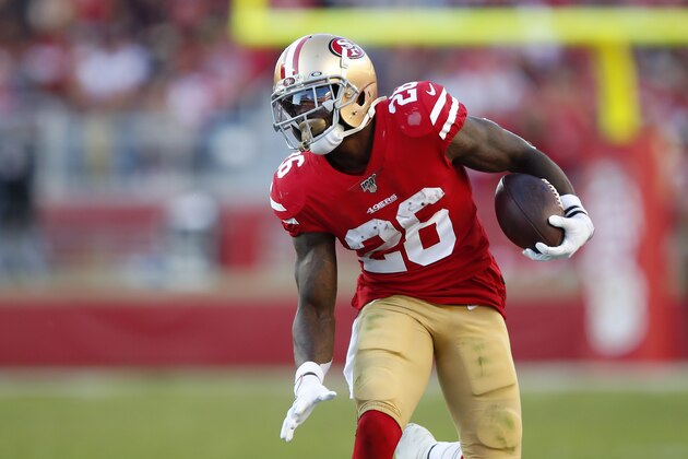 San Francisco 49ers running back Tevin Coleman (26) against the Arizona Cardinals during an NFL football game in Santa Clara, Calif., Sunday, Nov. 17, 2019. (AP Photo/John Hefti)