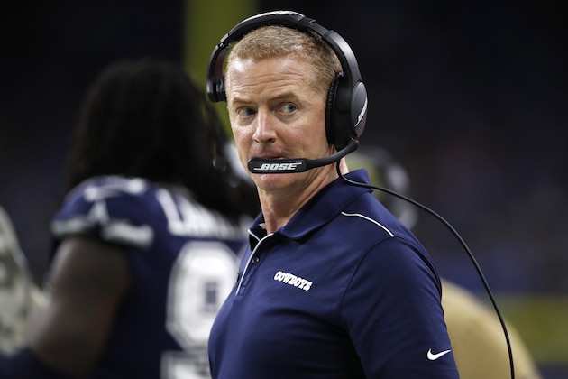 Dallas Cowboys head coach Jason Garrett watches his team play the Detroit Lions during an NFL football game in Detroit, Sunday, Nov. 17, 2019. (Jeff Haynes/AP Images for Panini)