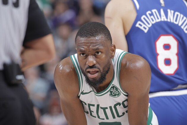 SACRAMENTO, CA - NOVEMBER 17: Kemba Walker #8 of the Boston Celtics looks on during the game against the Sacramento Kings on November 17, 2019 at Golden 1 Center in Sacramento, California. NOTE TO USER: User expressly acknowledges and agrees that, by downloading and or using this photograph, User is consenting to the terms and conditions of the Getty Images Agreement. Mandatory Copyright Notice: Copyright 2019 NBAE (Photo by Rocky Widner/NBAE via Getty Images)