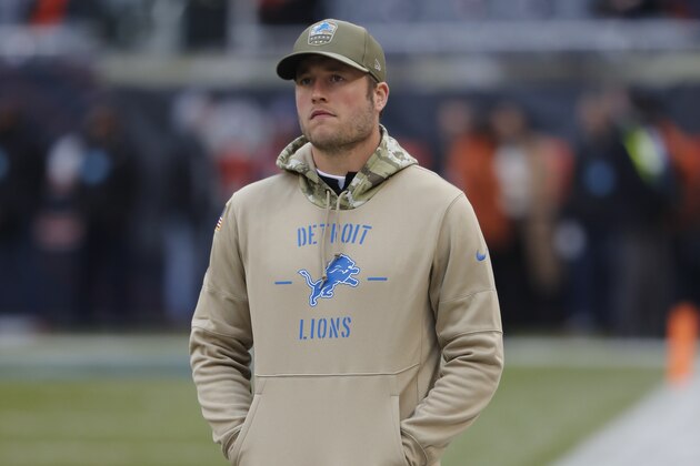 Detroit Lions quarterback Matthew Stafford watches from the sidelines during warmups before an NFL football game against the Chicago Bears in Chicago, Sunday, Nov. 10, 2019. (AP Photo/Charles Rex Arbogast)