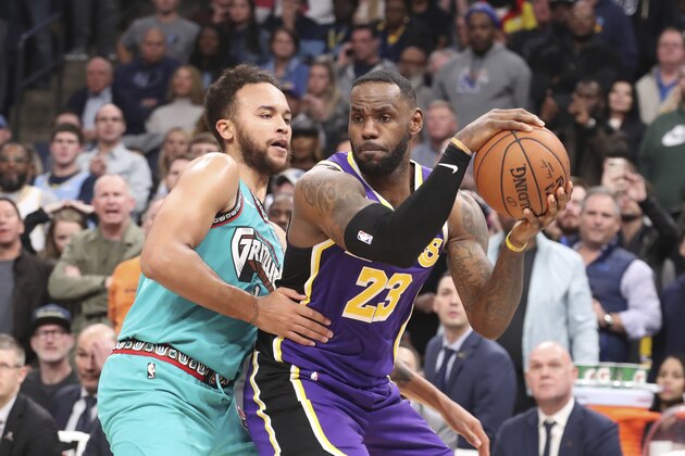 Memphis Grizzlies' Kyle Anderson (1) defends Los Angeles Lakers' LeBron James (23) in the second half of an NBA basketball game Saturday, Nov. 23, 2019, in Memphis, Tenn. (AP Photo/Karen Pulfer Focht)