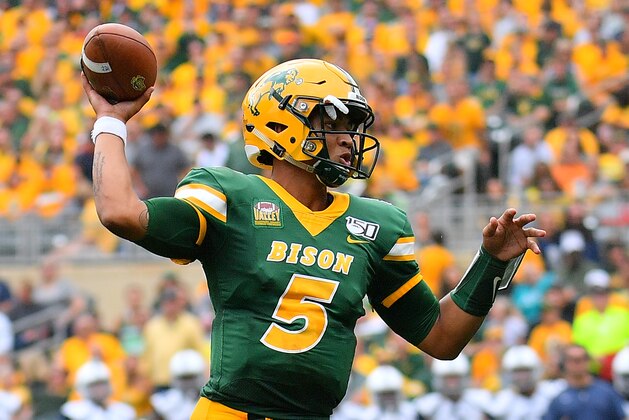 MINNEAPOLIS, MINNESOTA - AUGUST 31:  Quarterback Trey Lance #5 of the North Dakota State Bison passes against the Butler Bulldogs during their game at Target Field on August 31, 2019 in Minneapolis, Minnesota.  (Photo by Sam Wasson/Getty Images)