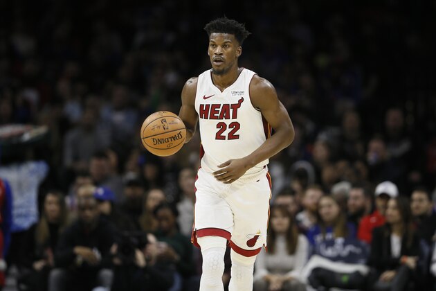 Miami Heat's Jimmy Butler plays during an NBA basketball game against the Philadelphia 76ers, Saturday, Nov. 23, 2019, in Philadelphia. (AP Photo/Matt Slocum)