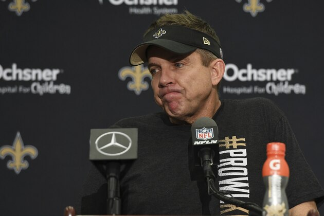 New Orleans Saints head coach Sean Payton speaks after an NFL football game against the Carolina Panthers, Sunday, Nov. 24, 2019, in New Orleans. The Saints defeated the Panthers 34-31. (AP Photo/Bill Feig)