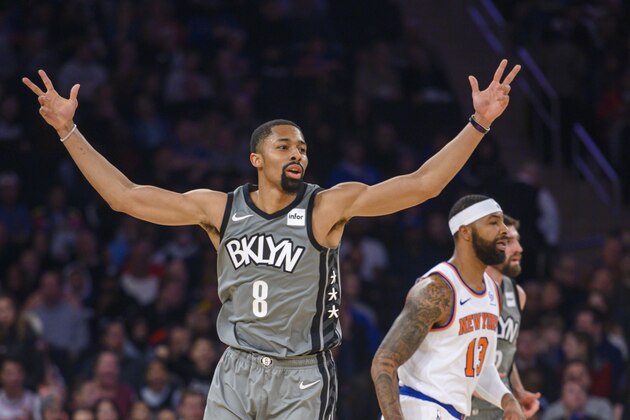 Brooklyn Nets guard Spencer Dinwiddie (8) celebrates a three-point basket in the first half of an NBA basketball game against the New York Knicks, Sunday, Nov. 24, 2019, at Madison Square Garden in New York. (AP Photo/Corey Sipkin).