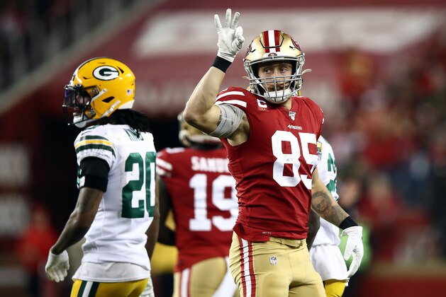 SANTA CLARA, CALIFORNIA - NOVEMBER 24:  Tight end George Kittle #85 of the San Francisco 49ers reacts after a first down during the first half of the game against the Green Bay Packers at Levi's Stadium on November 24, 2019 in Santa Clara, California. (Photo by Ezra Shaw/Getty Images)