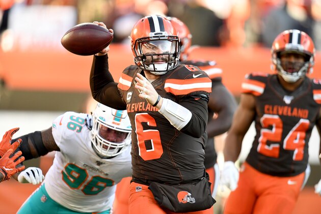 CLEVELAND, OHIO - NOVEMBER 24: Quarterback Baker Mayfield #6 of the Cleveland Browns passes during the second half against the Miami Dolphins at FirstEnergy Stadium on November 24, 2019 in Cleveland, Ohio. The Browns defeated the Dolphins 41-24. (Photo by Jason Miller/Getty Images) CLEVELAND, OHIO - NOVEMBER 24: Quarterback Baker Mayfield #6 of the Cleveland Browns passes during the second half against the Miami Dolphins at FirstEnergy Stadium on November 24, 2019 in Cleveland, Ohio. The Browns defeated the Dolphins 41-24. (Photo by Jason Miller/Getty Images)